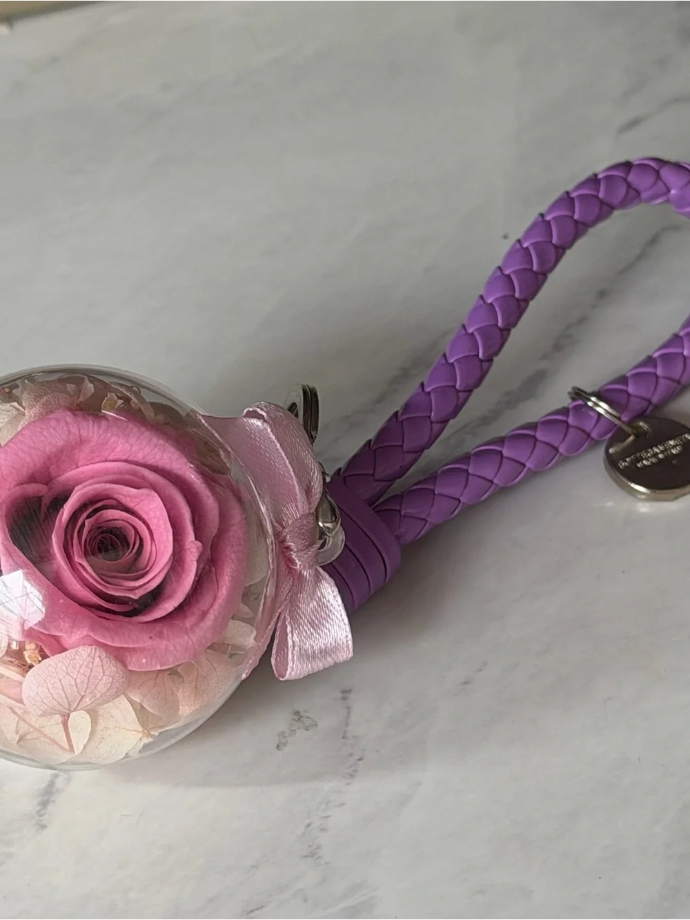 Purple Braided Wristlet Keychain with Pink Preserved Rose
